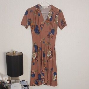 Charming Floral Midi Dress - Brown and Blue